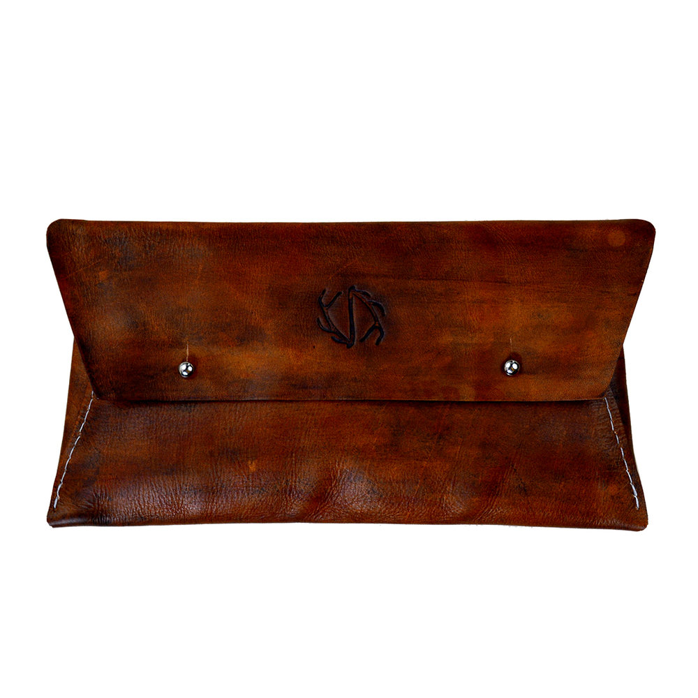 distressed leather clutch