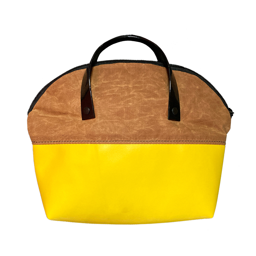 back of yellow & brown travel tote
