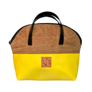 front of yellow and brown travel tote